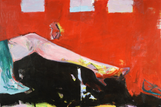 Painting titled Leg with Red Background (Beautiful People series, No. 1), acrylic on wood, accession number 1989.7.