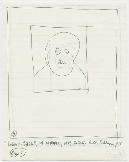 Work on paper 6 of 7 titled Letter to Tom Marioni from Chuck Close (Vision), green ink on white lined paper, four two-sided pages, accession number 1995.46.411.