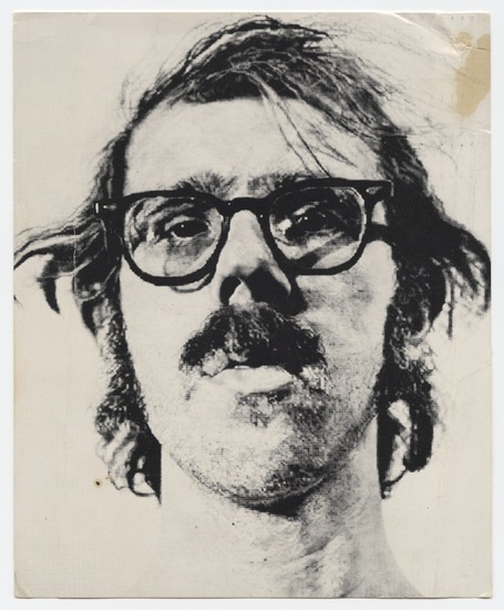 Work on paper titled Letter to Tom Marioni from Chuck Close (Vision), ink on postcard, with postmark and postage stamp, two-sided, accession number 1995.46.391.