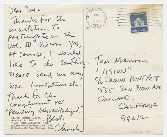 Work on paper 2 of 2 titled Letter to Tom Marioni from Chuck Close (Vision), ink on postcard, with postmark and postage stamp, two-sided, accession number 1995.46.391.