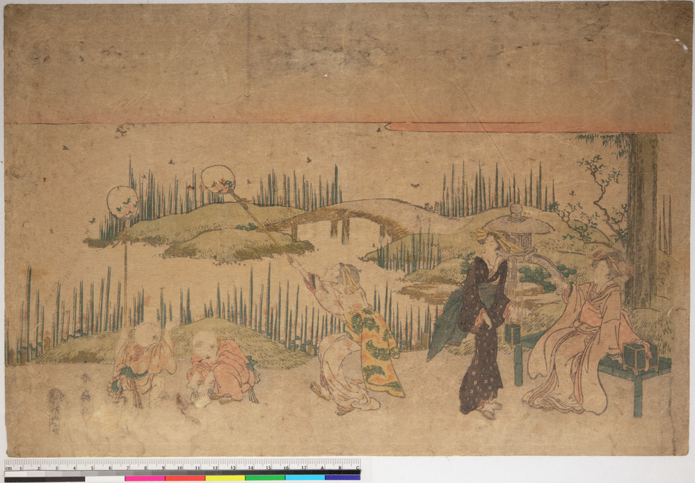 Print 2 of 2 titled Women and children amuse themselves catching fireflies, Full color woodblock printing, accession number 1919.372.