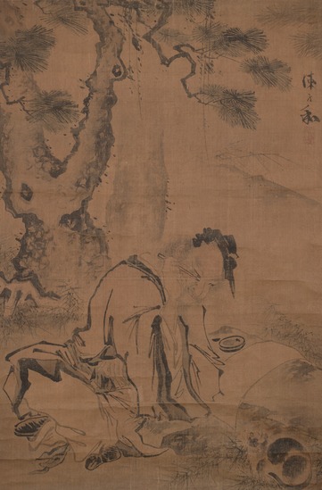 Painting titled Seated Man with Cat, ink and color on silk, accession number 1980.42.4.