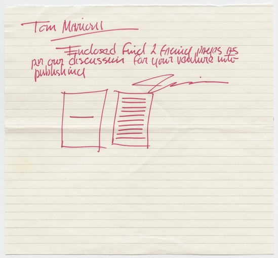 Work on paper titled Letter to Tom Marioni from Robert Irwin (Vision), a: red marker on lined paper b: red marker on airmail envelope with postmark and two postage stamps, accession number 1995.46.402.a-b.