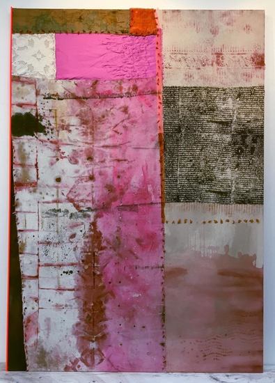 Painting titled The town made out of itself, Oil, enamel and acrylic paint, cloth, thread, and Plexiglass on canvas, accession number 2017.56.