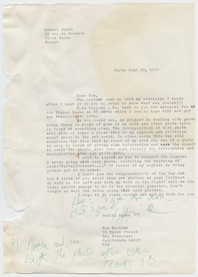 Work on paper titled Letter to Tom Marioni from Daniel Buren (Vision), typewritten text, blue and green ink, and graphite on paper, two pages; black and green ink, two stickers, stamp marks in black and purple ink, postmarks, and one metered stamp on brown paper envelope, accession number 1995.46.235.a-c.