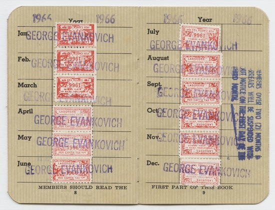 Artist's book 6 of 9 titled International Hod Carriers Building and Common Laborers’ Union of America Membership Book, ink, offset printing, stamps, and stamp marks in blue and purple ink on paper, staple-bound, thirteen pages, accession number 1995.46.331.