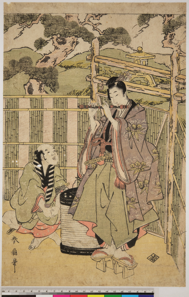 Print titled Young man playing a flute by a garden gate as attendant looks on, Full color woodblock printing., accession number 1919.379.