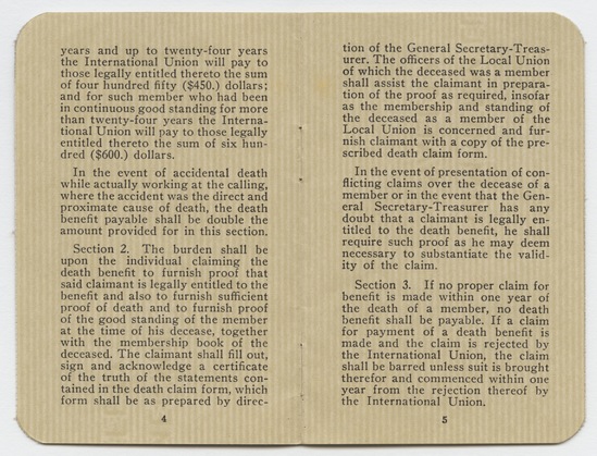 Artist's book 4 of 9 titled International Hod Carriers Building and Common Laborers’ Union of America Membership Book, ink, offset printing, stamps, and stamp marks in blue and purple ink on paper, staple-bound, thirteen pages, accession number 1995.46.331.