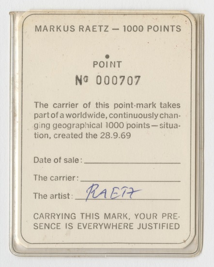 Work on paper titled 1000 Points, Point No. 000707, offset printing, blue ink, and stamp marks in black ink on white cardboard in plastic case, accession number 1995.46.186.