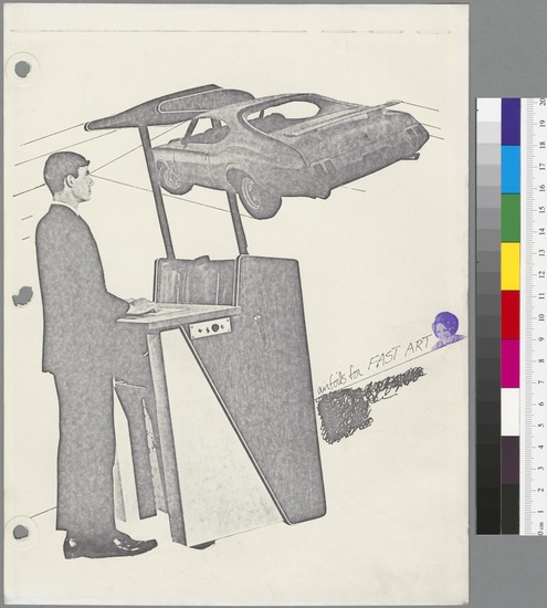 Work on paper titled Airfoils for Fast Art (Truckstop scrapbook pages), photocopy, stamp mark in purple ink, three-hole punched with reinforcement stickers, accession number 2005.14.250.11.