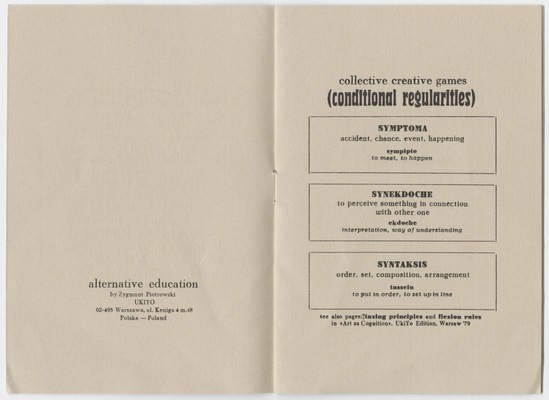 Artist's book 4 of 9 titled Dialectics Project, Collective Creative Games, offset printing and stamp mark in red ink on paper, staple bound, thirteen pages, ed. 109/300, accession number 1995.46.344.