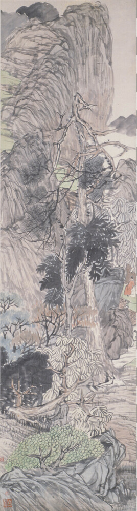 Painting titled Landscape with Scholar and Servant, Hanging scroll: ink and color on paper, accession number 2004.1.3.