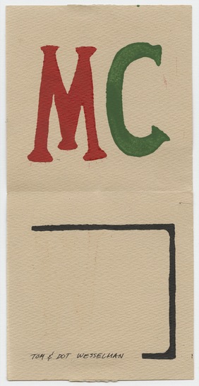 Work on paper titled Letter to Tom Marioni from Tom Wesselmann, black, blue, red, and green ink and sticker on paper with postmark and postage stamp, two-sided, accession number 1995.46.386.