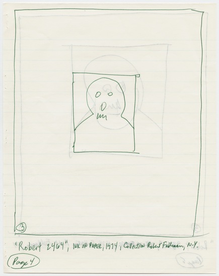 Work on paper 5 of 7 titled Letter to Tom Marioni from Chuck Close (Vision), green ink on white lined paper, four two-sided pages, accession number 1995.46.411.