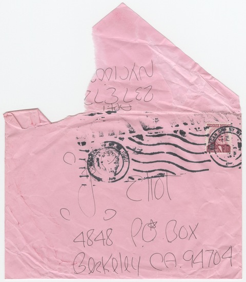 Work on paper titled Letter to James Elliott from James Lee Byars, ball point pen on pink envelope with postmark and postage stamp, accession number 2003.7.6.