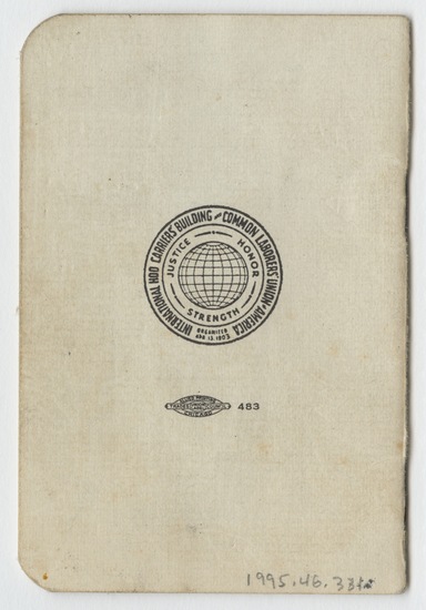 Artist's book 9 of 9 titled International Hod Carriers Building and Common Laborers’ Union of America Membership Book, ink, offset printing, stamps, and stamp marks in blue and purple ink on paper, staple-bound, thirteen pages, accession number 1995.46.331.