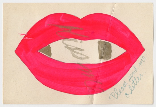 Painting titled Letter to Museum of Conceptual Art from Hiroka Phoebe Furuna, blue marker, black and pink paint, and stamp mark in black ink on postcard with postmark and one postage stamp, two-sided, accession number 1995.46.231.