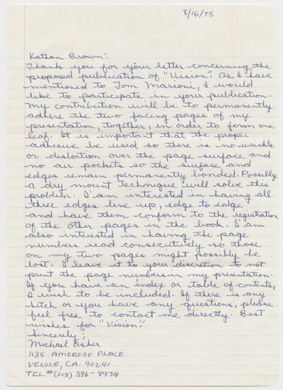 Work on paper titled Letter to Kathan Brown from Michael Asher (Vision), a: ink on lined paper b: ink on envelope with four airmail stamps, postmark, and postage stamp, accession number 1995.46.396.a-b.