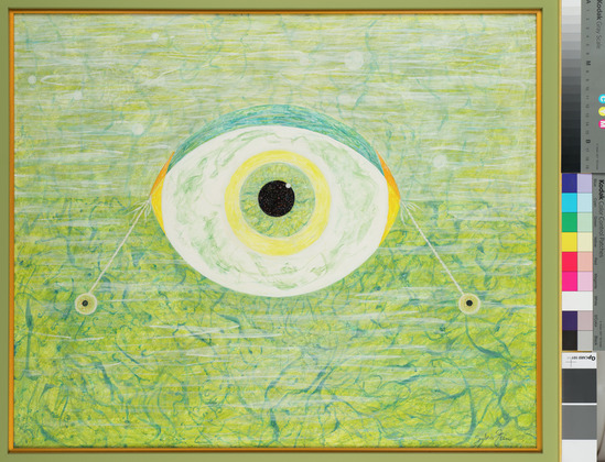 Painting titled Crucial Eye, Egg tempera, accession number 2014.6.