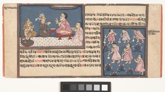 A raja meets with a monk and Jaina monks sweep as they walk / Two meetings above and a lady leaves in a chariot
