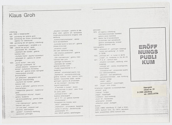 Work on paper 7 of 14 titled Letter to Tom Marioni from Klaus Groh, offset printing, marker, and sticker on paper card; photocopy adhered to black paper, two sheets; marker on tan paper, one-hole punched; marker and sticker on photocopy, two sheets; sticker on photocopy; photocopies, three sheets; offset printing and marker on pink paper, two-sided; and typewritten text, red ink, purple marker, collage element, stickers, and stamp mark in purple ink on envelope with postmarks and one postage stamp, accession number 1995.46.256.a-l.