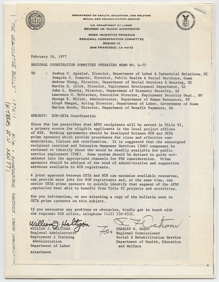 Artist's book titled Letter to Tom Marioni from U.S. Department of Labor (Legislative Belly), typewritten text on U.S. Department of Labor stationery, and photocopies with stamp mark in black ink, twenty pages; blue ink on brown paper envelope, accession number 1995.46.346.a-u.