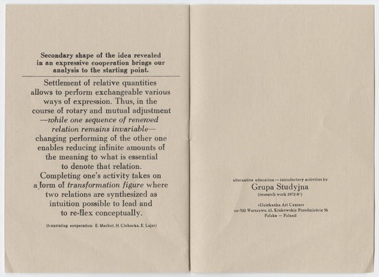 Artist's book 8 of 9 titled Dialectics Project, Collective Creative Games, offset printing and stamp mark in red ink on paper, staple bound, thirteen pages, ed. 109/300, accession number 1995.46.344.