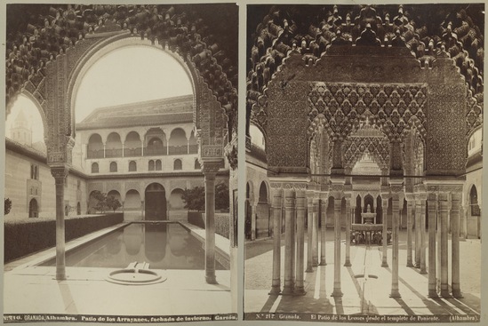 No. 210 Granada, Alhambra, Patio de los Arrayanes, fachada de invierno.  No. 212. Granada, El Patio de los Leones desde el templete de Poniente. (Alhambra).