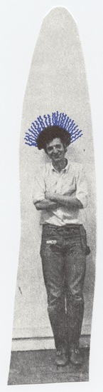 Work on paper 4 of 5 titled Letter to Tom Marioni from Ray Johnson (First New York Correspondence School Spitting), a-c: Photocopies d: Ink on cutout e: Ink, graphite, and blue marker on envelope with postmark and postage stamp, accession number 1995.46.409.a-e.