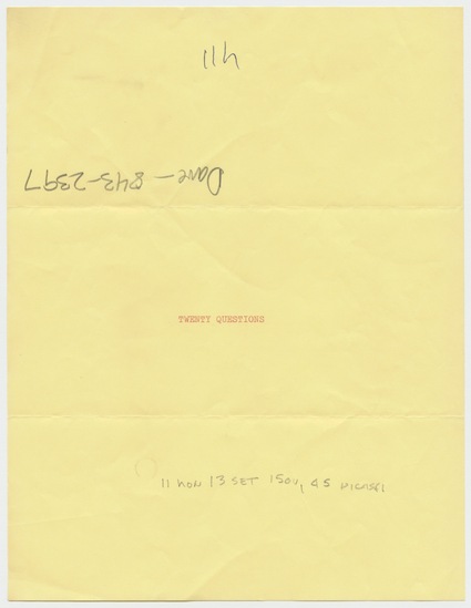 Work on paper 1 of 2 titled Twenty Questions (Vision), typewritten text in red ink, and graphite on yellow paper, two pages, accession number 1995.46.260.a-b.