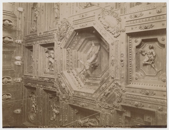 Photograph titled Bologna. No. 70. Dettaglio del [Hal...?] Teatro Anatomico dell'Archiginnasio, albumen, linen backed, accession number 2002.43.232.