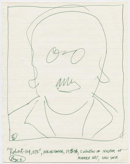 Work on paper 7 of 7 titled Letter to Tom Marioni from Chuck Close (Vision), green ink on white lined paper, four two-sided pages, accession number 1995.46.411.