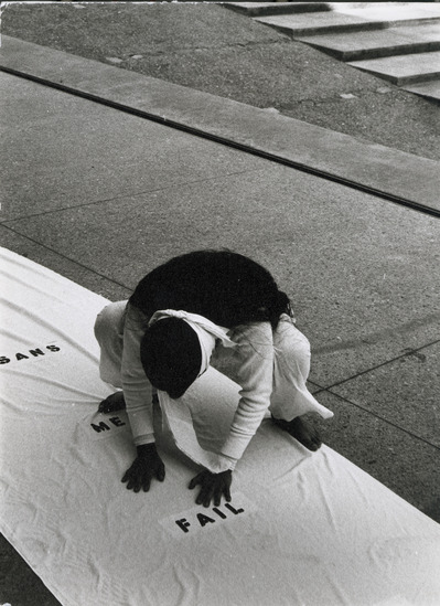 Documentation 17 of 20 titled Art Practice - “Aveugle Voix” - Photographs of performance rehearsal at the Greek Theater - 1975., 10 black-and-white photographs, accession number 1992.4.51.1-10.
