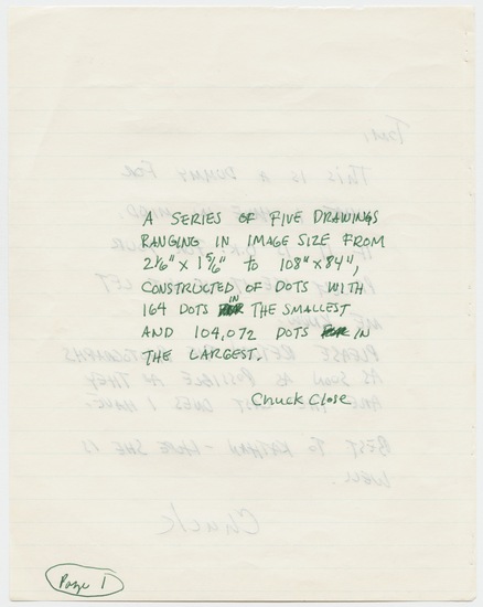 Work on paper 3 of 7 titled Letter to Tom Marioni from Chuck Close (Vision), green ink on white lined paper, four two-sided pages, accession number 1995.46.411.