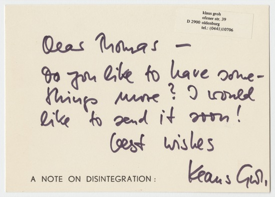 Work on paper 1 of 14 titled Letter to Tom Marioni from Klaus Groh, offset printing, marker, and sticker on paper card; photocopy adhered to black paper, two sheets; marker on tan paper, one-hole punched; marker and sticker on photocopy, two sheets; sticker on photocopy; photocopies, three sheets; offset printing and marker on pink paper, two-sided; and typewritten text, red ink, purple marker, collage element, stickers, and stamp mark in purple ink on envelope with postmarks and one postage stamp, accession number 1995.46.256.a-l.