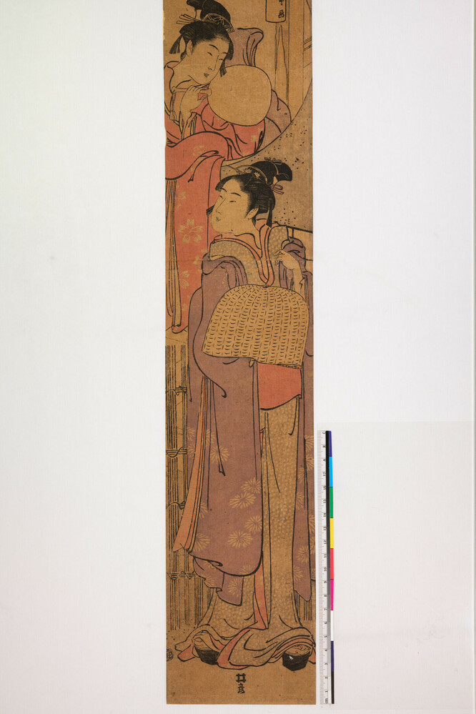 Woman holding an uchiwa (summer fan) leans out of a circular window to chat with another woman