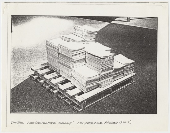 Artist's book 3 of 21 titled Letter to Tom Marioni from U.S. Department of Labor (Legislative Belly), typewritten text on U.S. Department of Labor stationery, and photocopies with stamp mark in black ink, twenty pages; blue ink on brown paper envelope, accession number 1995.46.346.a-u.