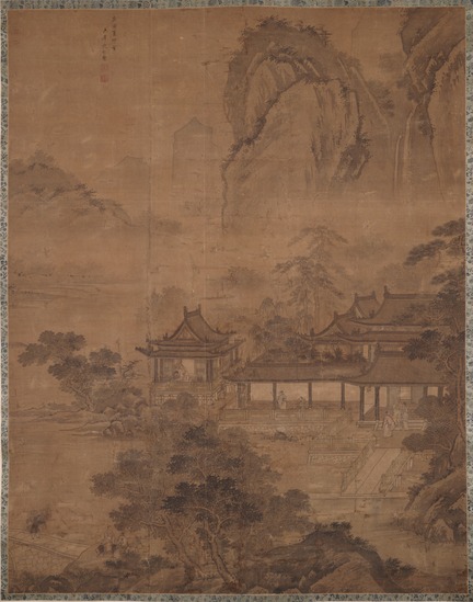 Painting titled River Landscape with Villa, hanging scroll: ink and colors on silk, accession number 2002.1.4.