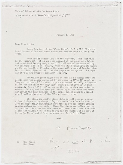 Work on paper titled Letter to Dorothy Miller from James Lee Byars, photocopy, accession number 2003.7.57.2.