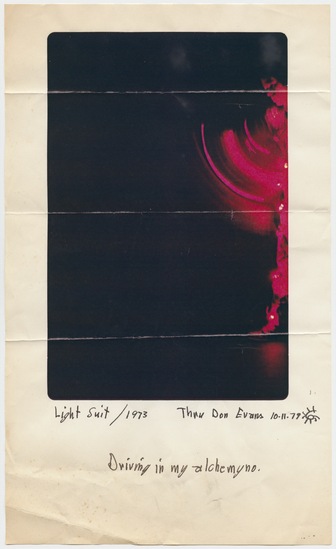 Multiple titled Light Suit / 1973, Thru Don Evans 10-11-79, Driving in my alchemyno., ink on color photocopy, accession number 1995.46.334.