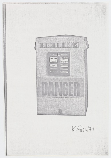 Work on paper 9 of 14 titled Letter to Tom Marioni from Klaus Groh, offset printing, marker, and sticker on paper card; photocopy adhered to black paper, two sheets; marker on tan paper, one-hole punched; marker and sticker on photocopy, two sheets; sticker on photocopy; photocopies, three sheets; offset printing and marker on pink paper, two-sided; and typewritten text, red ink, purple marker, collage element, stickers, and stamp mark in purple ink on envelope with postmarks and one postage stamp, accession number 1995.46.256.a-l.