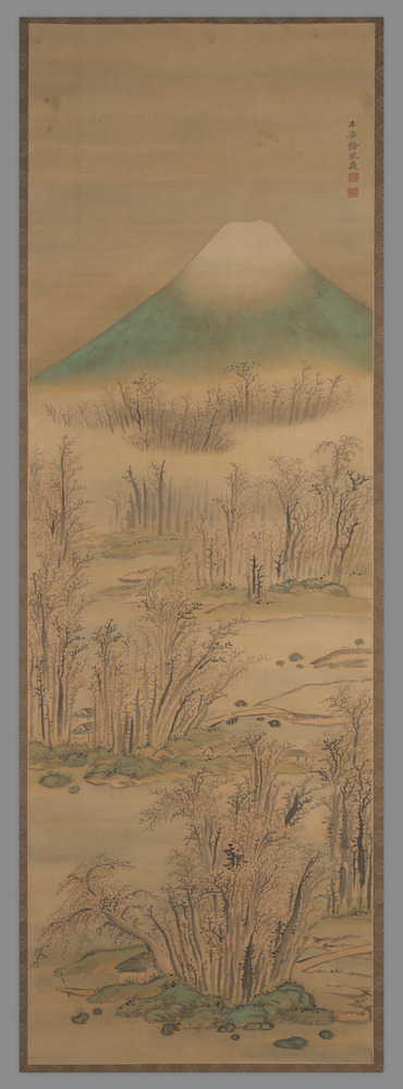 Painting titled Spring Landscape with Mt. Fuji, Hanging scroll: ink and color on silk, accession number 1980.42.71.