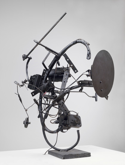 Sculpture 1 of 2 titled Black Knight, steel, wire, electric motor, accession number 1968.74.