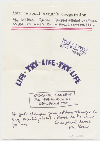 Work on paper titled Letter to Museum of Conceptual Art from Klaus Groh, purple and red marker on paper, with collage element, and stamp marks in purple ink, five sheets; purple and red marker, and stamp marks in purple ink on envelope with postmark, and two postage stamps, two-sided, accession number 1995.46.153.a-f.