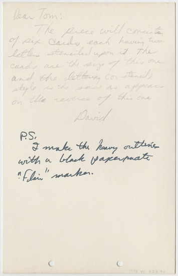 Work on paper 2 of 2 titled Letter to Tom Marioni from David R. Smith (Invisible Painting and Sculpture), graphite and marker on cardboard, two-sided, two-hole punched, accession number 1995.46.429.74.