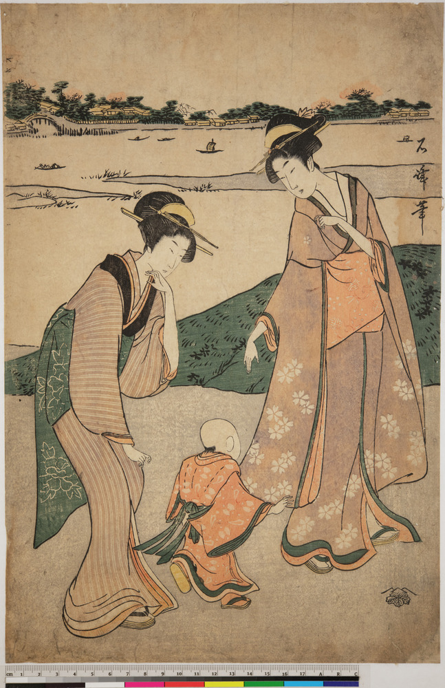 Mother, child, and maidservant walk along a riverbank