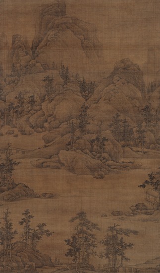 Painting titled River Landscape, Hanging scroll, ink on silk, accession number 2002.2.5.