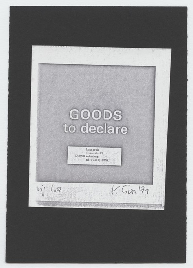 Work on paper 3 of 14 titled Letter to Tom Marioni from Klaus Groh, offset printing, marker, and sticker on paper card; photocopy adhered to black paper, two sheets; marker on tan paper, one-hole punched; marker and sticker on photocopy, two sheets; sticker on photocopy; photocopies, three sheets; offset printing and marker on pink paper, two-sided; and typewritten text, red ink, purple marker, collage element, stickers, and stamp mark in purple ink on envelope with postmarks and one postage stamp, accession number 1995.46.256.a-l.