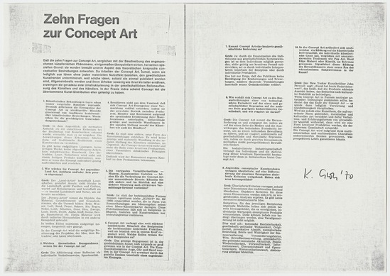 Work on paper 10 of 14 titled Letter to Tom Marioni from Klaus Groh, offset printing, marker, and sticker on paper card; photocopy adhered to black paper, two sheets; marker on tan paper, one-hole punched; marker and sticker on photocopy, two sheets; sticker on photocopy; photocopies, three sheets; offset printing and marker on pink paper, two-sided; and typewritten text, red ink, purple marker, collage element, stickers, and stamp mark in purple ink on envelope with postmarks and one postage stamp, accession number 1995.46.256.a-l.