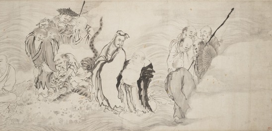 Painting 1 of 6 titled The Eighteen Arhats Crossing the Sea, handscroll: ink on paper, accession number 1986.35.